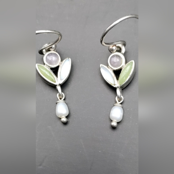 Unique Sterling Silver, Amethyst, Peridot, Moonstone, and Seed Pearl Earrings. - Picture 2 of 4